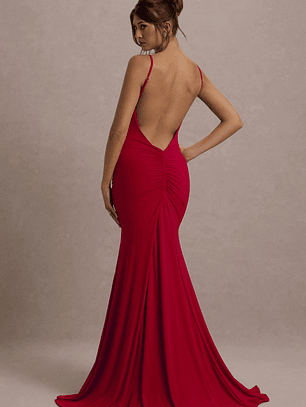 Adele | Red Ruched Fishtail Cami Maxi Dress