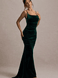 Adele | Bottle Green Velvet Ruched Strappy Fishtail Maxi Dress - thumbnail 5