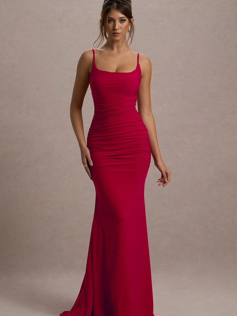 Adele | Red Ruched Fishtail Cami Maxi Dress 2