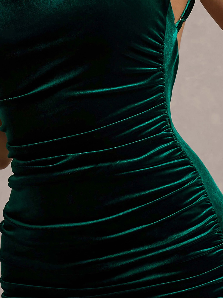 Adele | Bottle Green Velvet Ruched Strappy Fishtail Maxi Dress 7