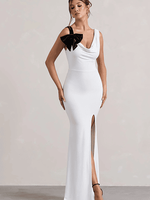 A Catch | White Cowl-Neck  Split Maxi Dress With Bow