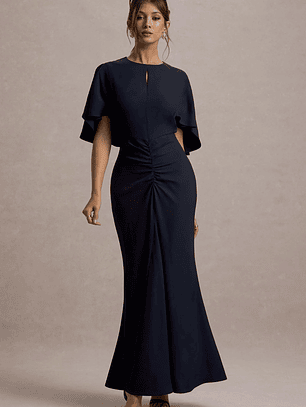 Allison | Navy High-Neck Maxi Dress With Cape