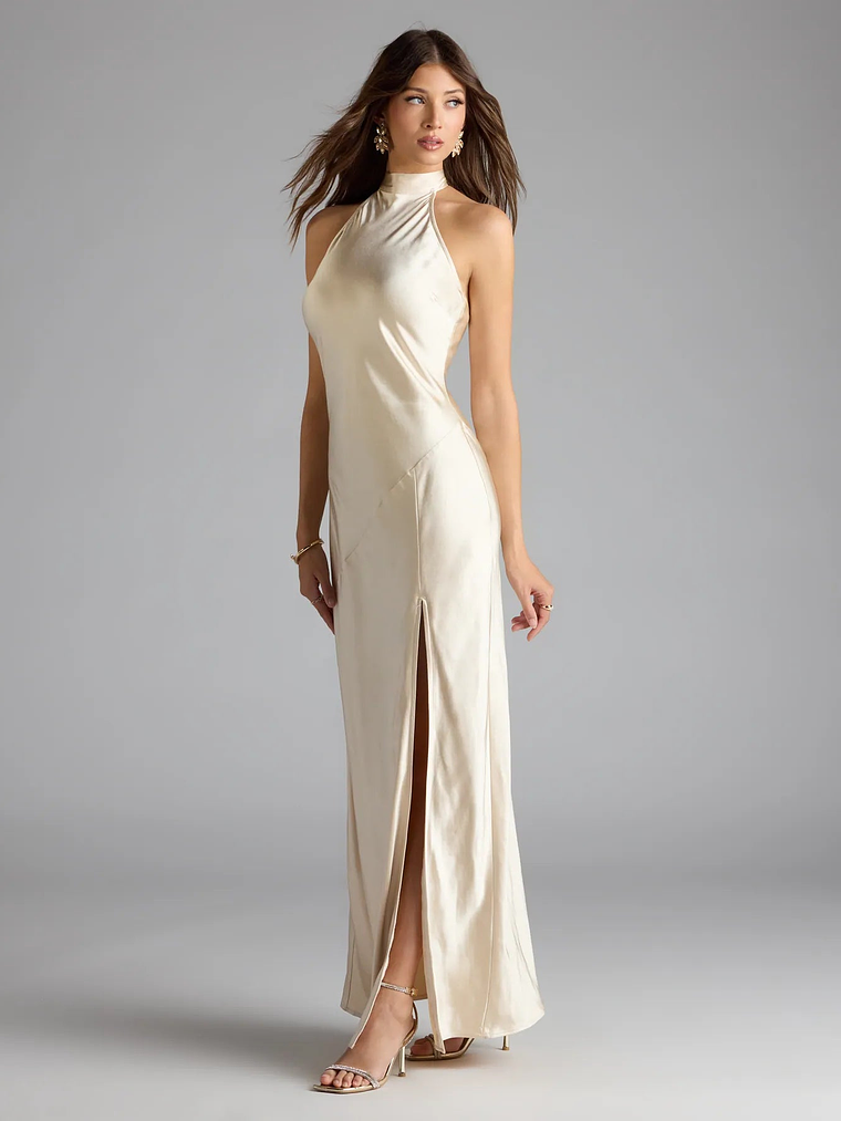 Andie Halter Open Back Slit Satin Formal Dress 6