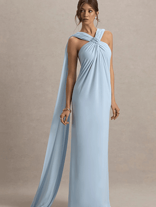Ariana | Powder Blue Cross-Neck Maxi Dress With Cape