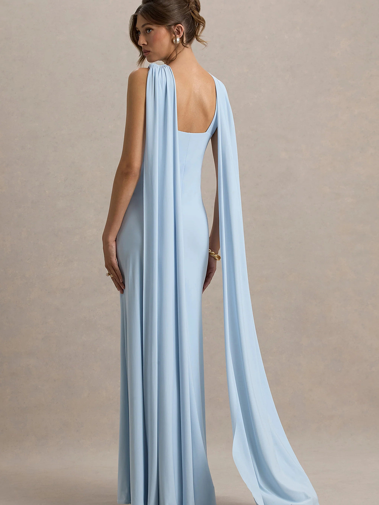 Ariana | Powder Blue Cross-Neck Maxi Dress With Cape 2