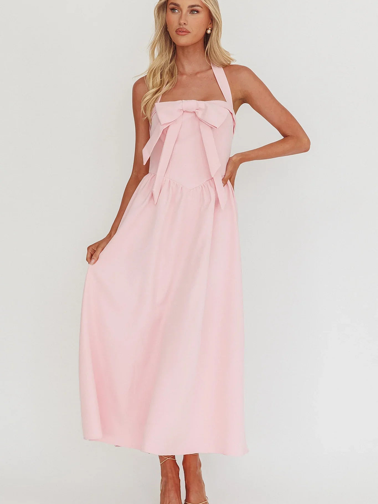 Ariarna Bow Halter Maxi Dress Pink Sorbet 1