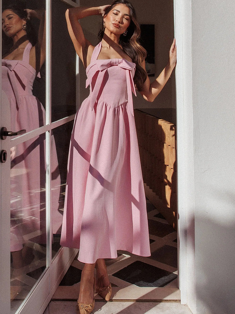 Ariarna Bow Halter Maxi Dress Pink Sorbet 2