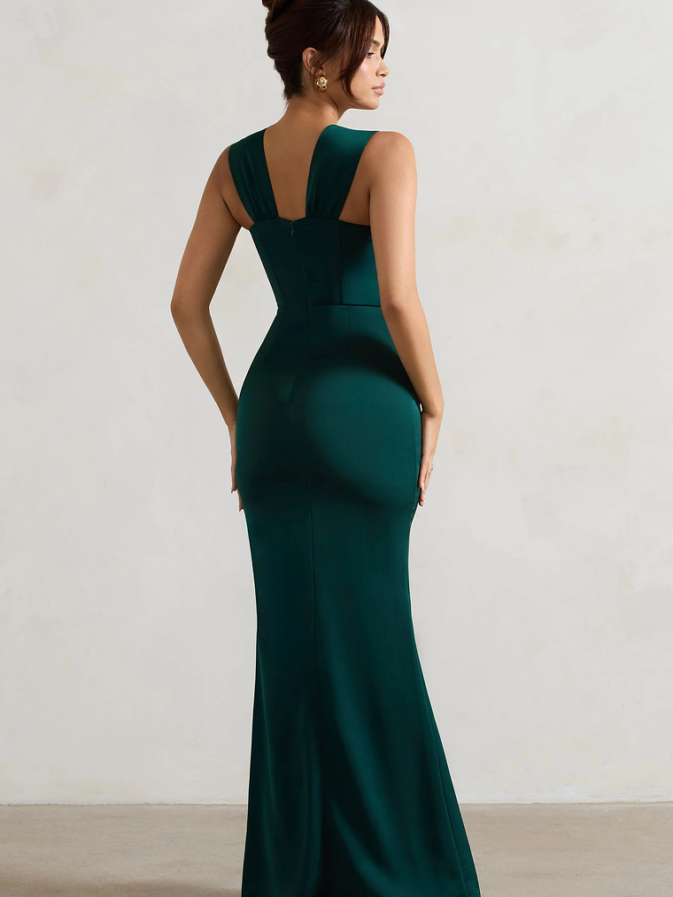 A Romantic | Green Satin Corset Wrap Maxi Dress 2