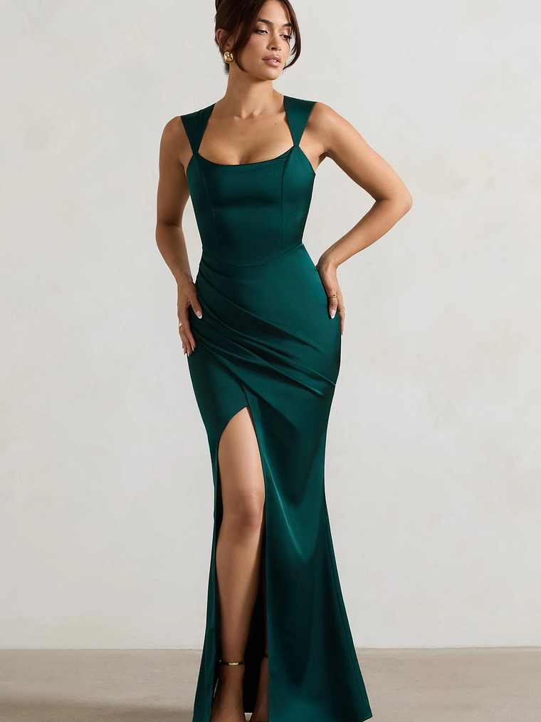 A Romantic | Green Satin Corset Wrap Maxi Dress 4