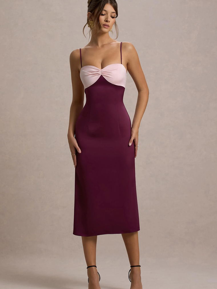 Andretti | Burgundy & Pink Satin Strappy Midi Dress 1