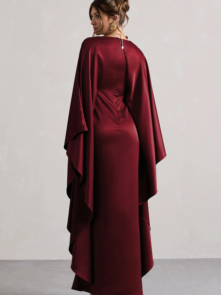 Alohi | Berry Satin Plunge Cape Maxi Dress 2