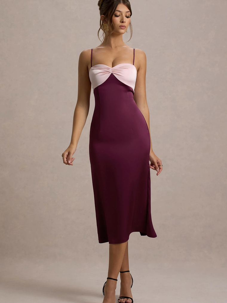 Andretti | Burgundy & Pink Satin Strappy Midi Dress 4