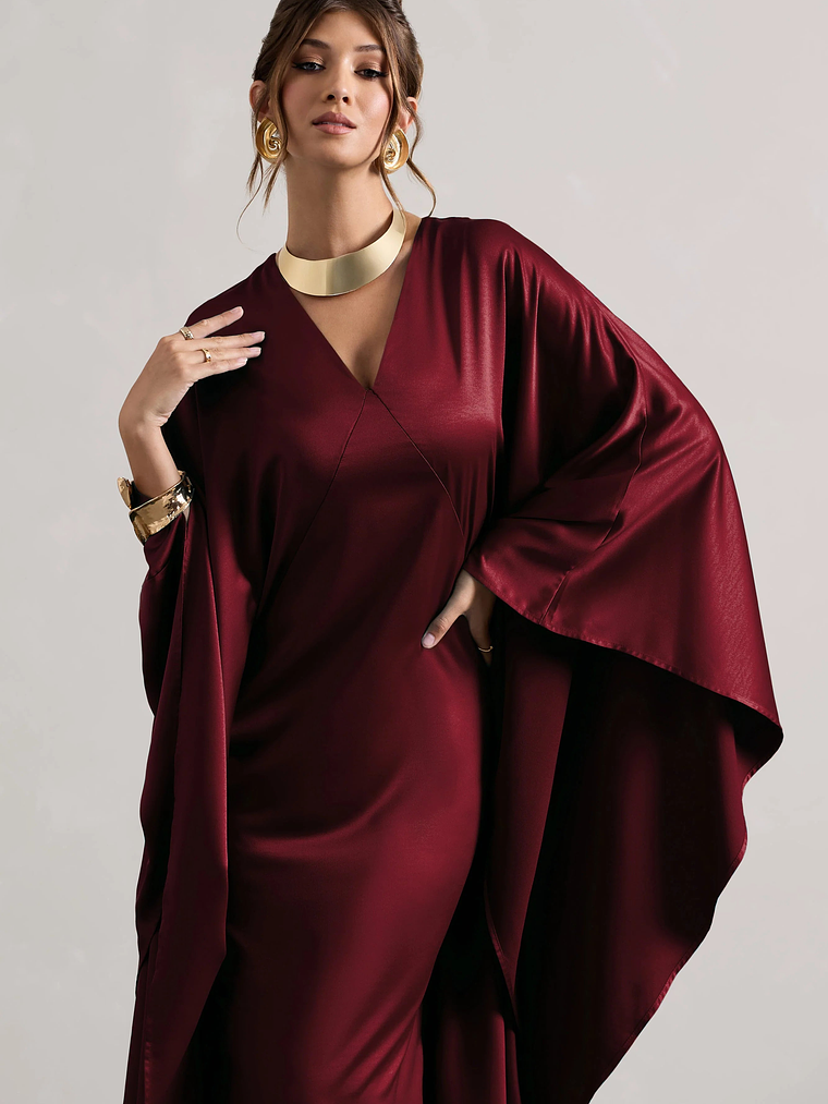 Alohi | Berry Satin Plunge Cape Maxi Dress 3