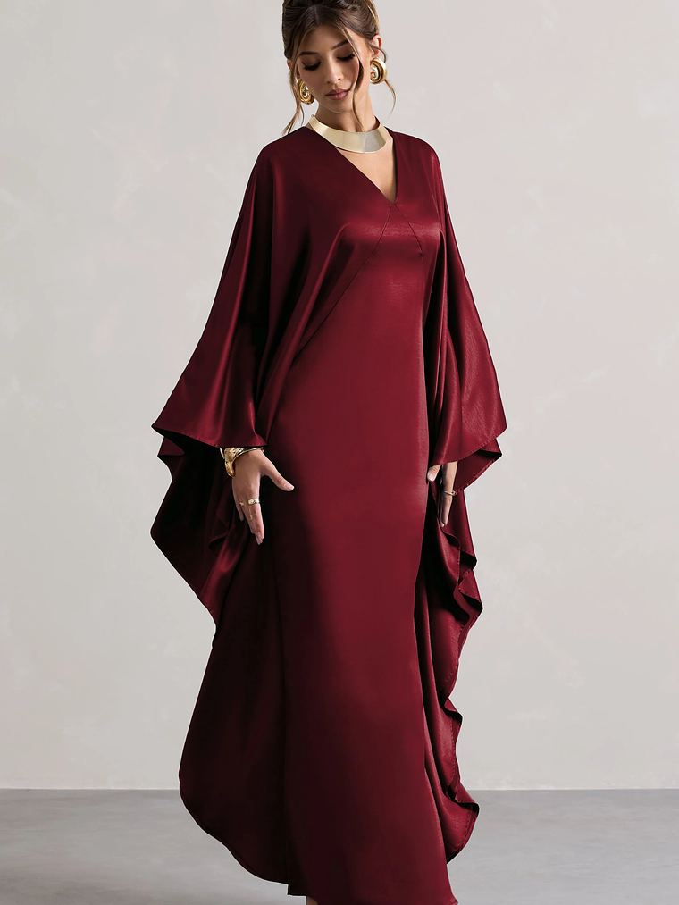 Alohi | Berry Satin Plunge Cape Maxi Dress 4