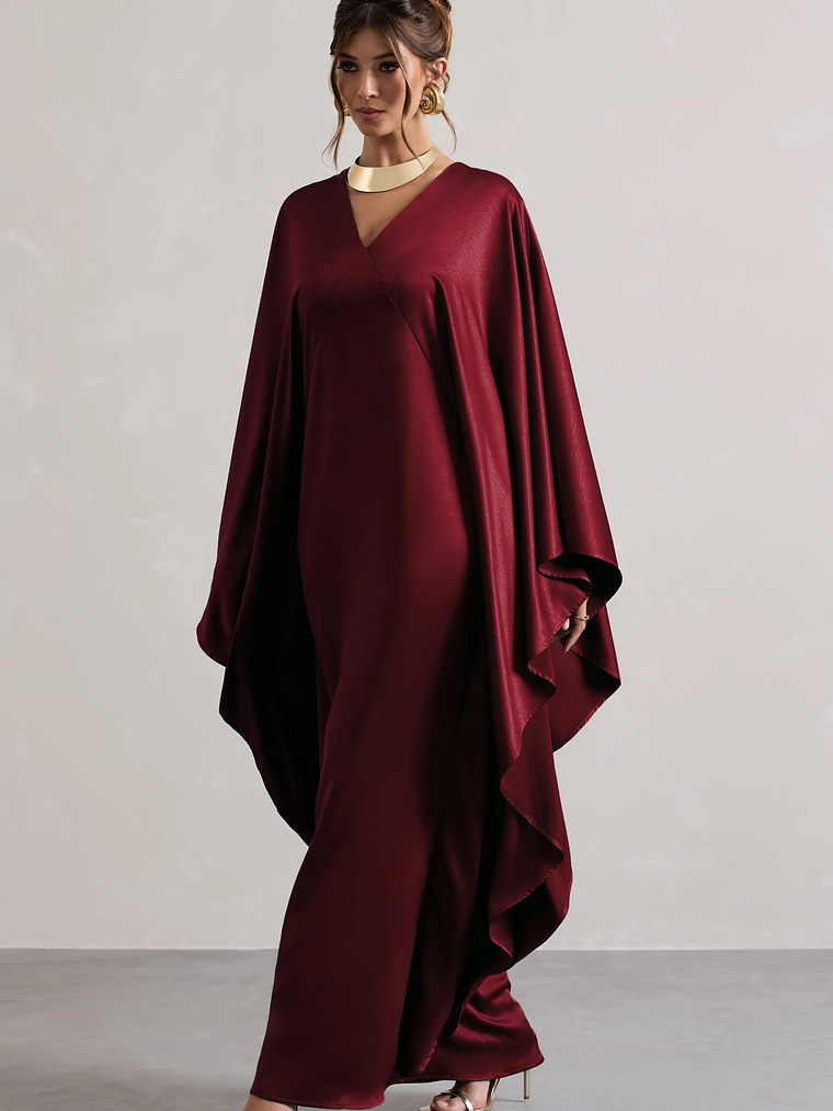 Alohi | Berry Satin Plunge Cape Maxi Dress 5