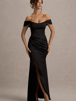 Admire | Black Satin Corset Wrap Maxi Dress