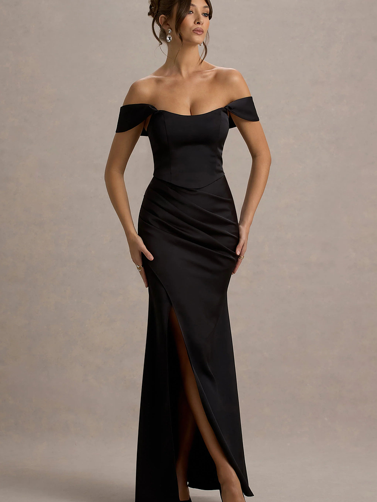 Admire | Black Satin Corset Wrap Maxi Dress 1