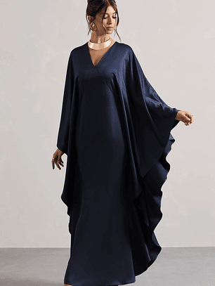 Alohi | Navy Satin Plunge Cape Maxi Dress