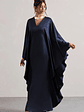 Alohi | Navy Satin Plunge Cape Maxi Dress - thumbnail 1