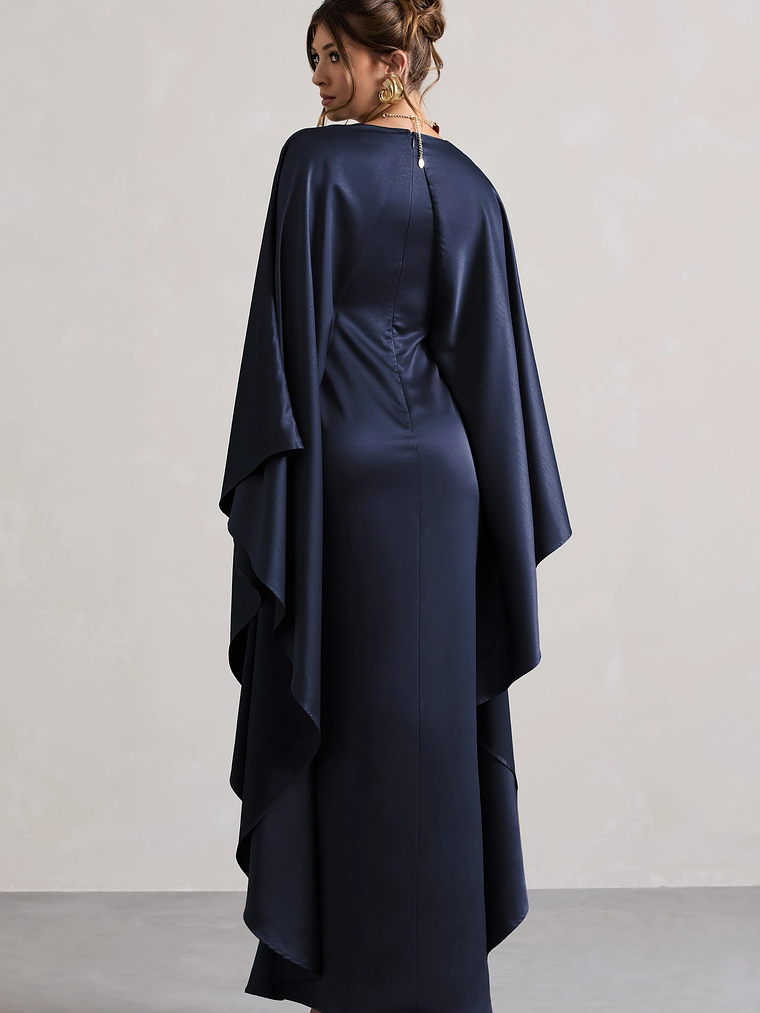 Alohi | Navy Satin Plunge Cape Maxi Dress 2