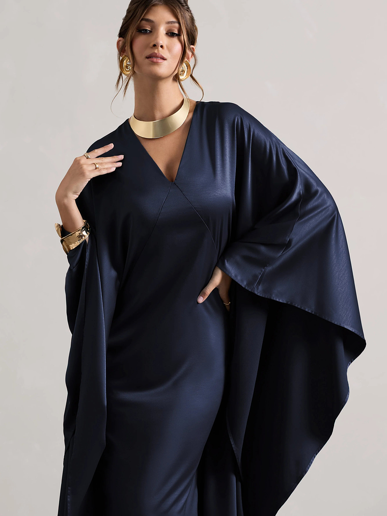 Alohi | Navy Satin Plunge Cape Maxi Dress 3