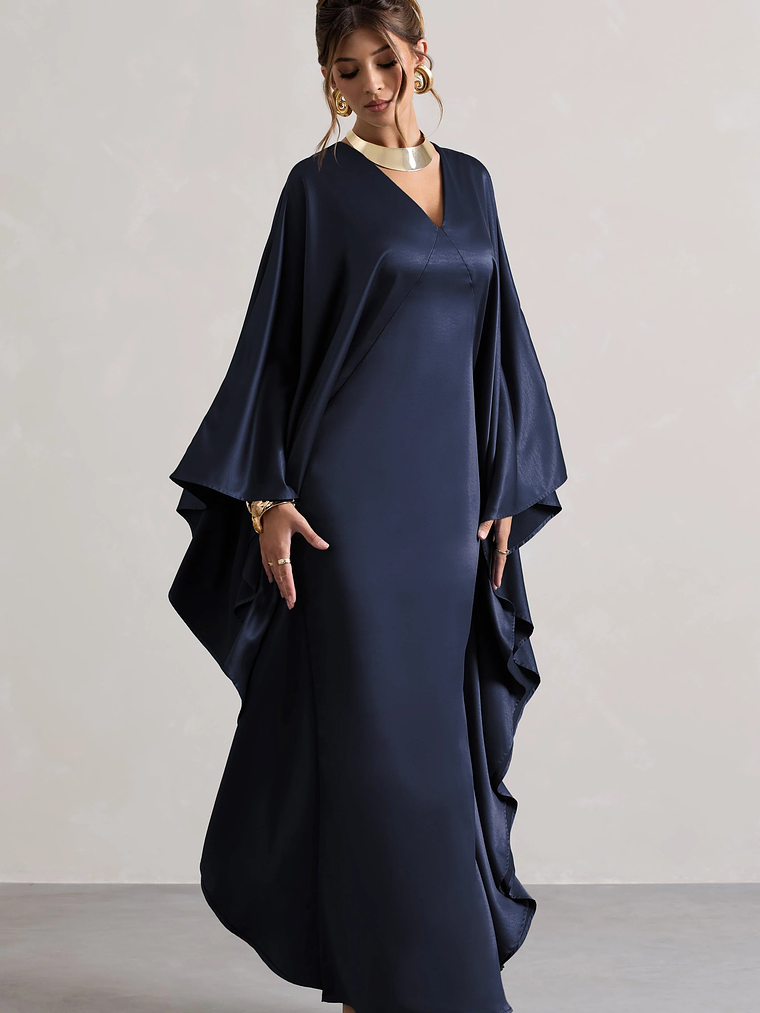 Alohi | Navy Satin Plunge Cape Maxi Dress 4
