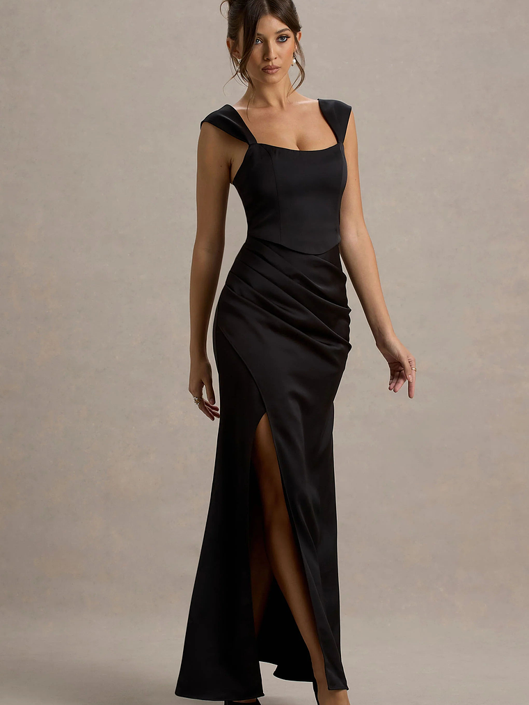 Admire | Black Satin Corset Wrap Maxi Dress 5