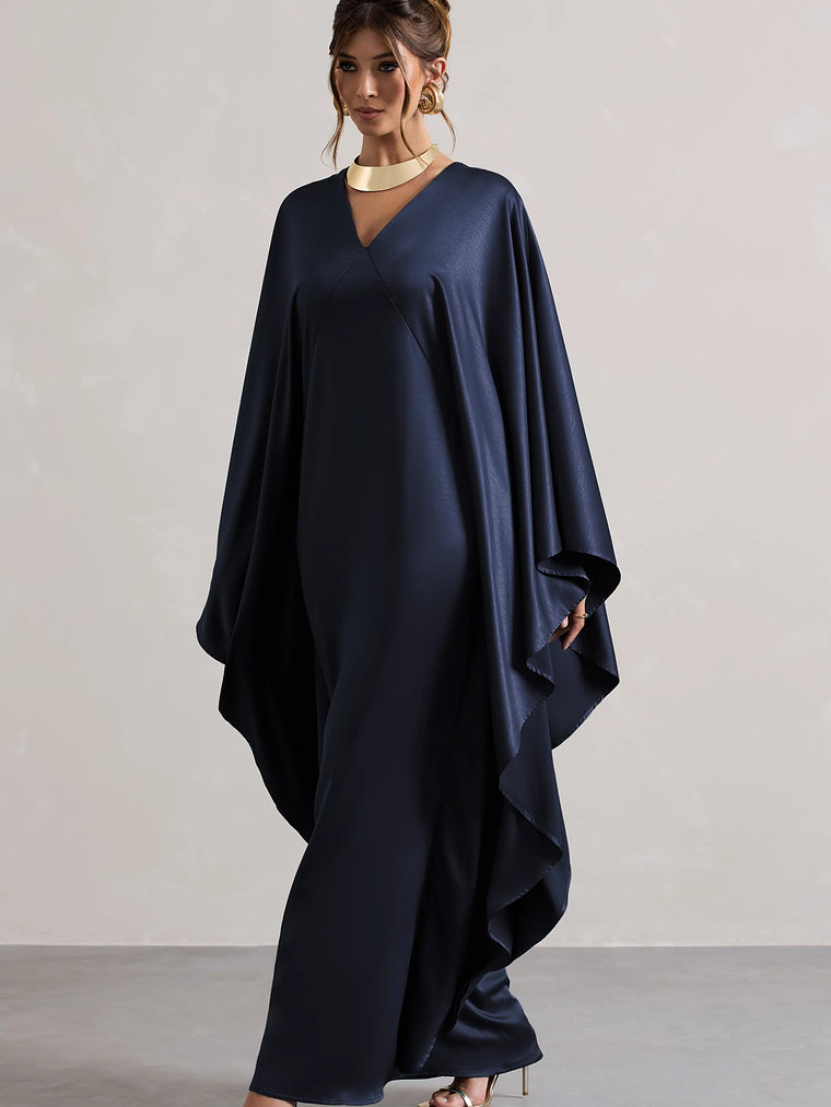 Alohi | Navy Satin Plunge Cape Maxi Dress 5