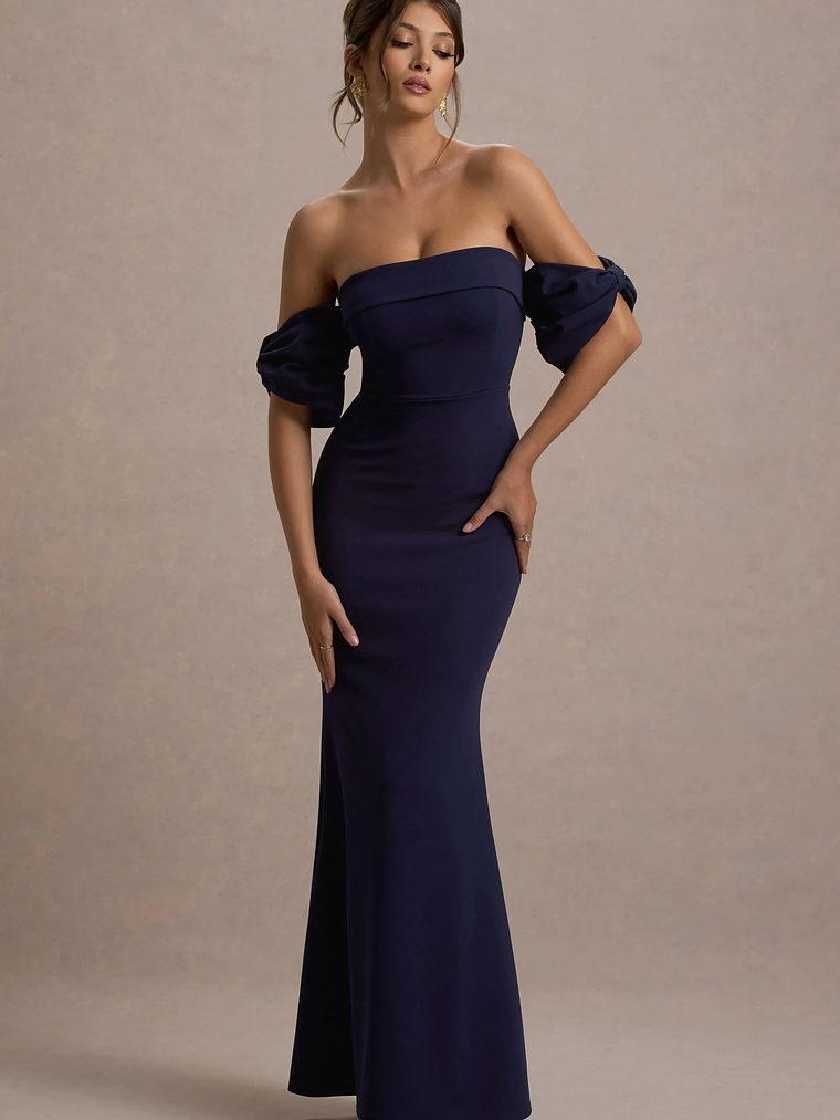 Alaine | Navy Bardot Maxi Dress With Bow Sleeves 1