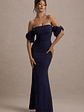 Alaine | Navy Bardot Maxi Dress With Bow Sleeves - thumbnail 1
