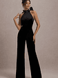 Alondra | Black Velvet High-Neck Straight-Leg Jumpsuit - thumbnail 1