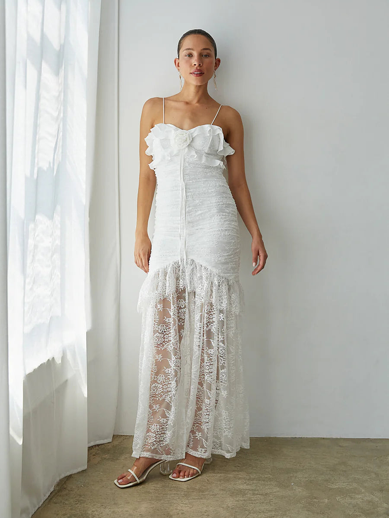 Aphrodite Lace Ruched Rosette Maxi Dress 1