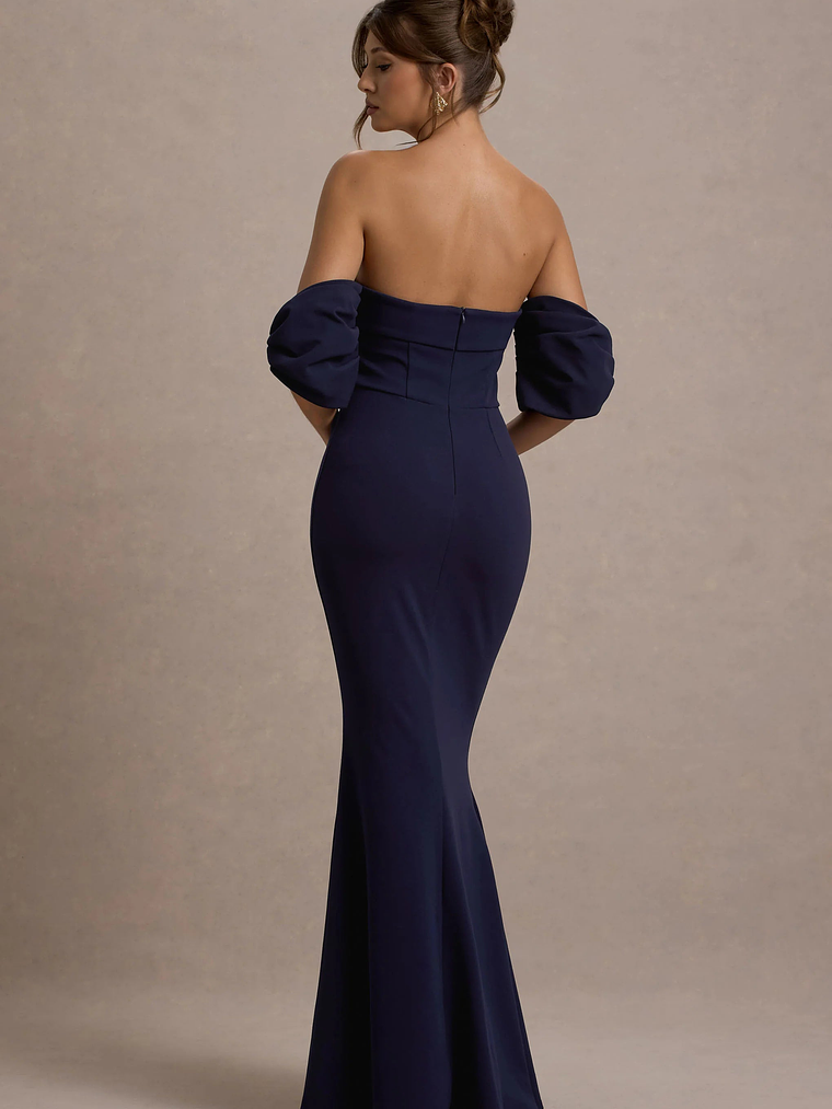 Alaine | Navy Bardot Maxi Dress With Bow Sleeves 2
