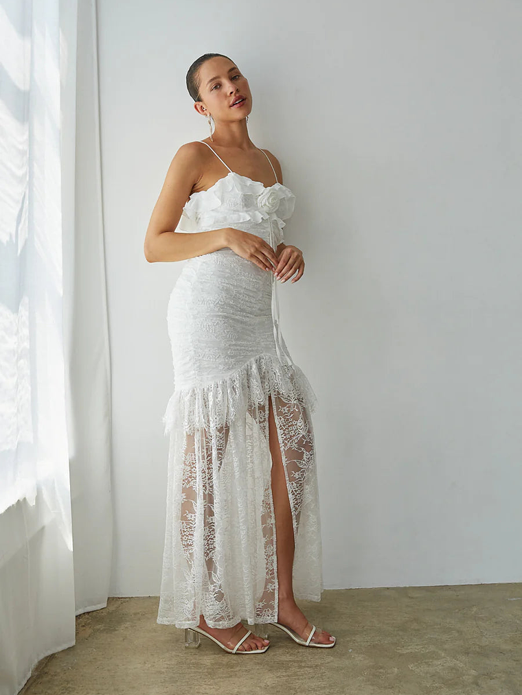 Aphrodite Lace Ruched Rosette Maxi Dress 4