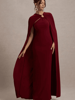 Aliza | Berry Cape Maxi Dress With Gold Ring