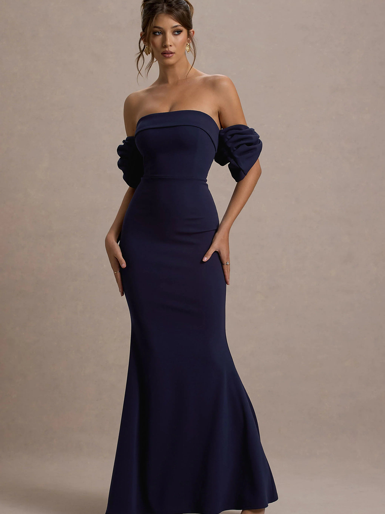 Alaine | Navy Bardot Maxi Dress With Bow Sleeves 4