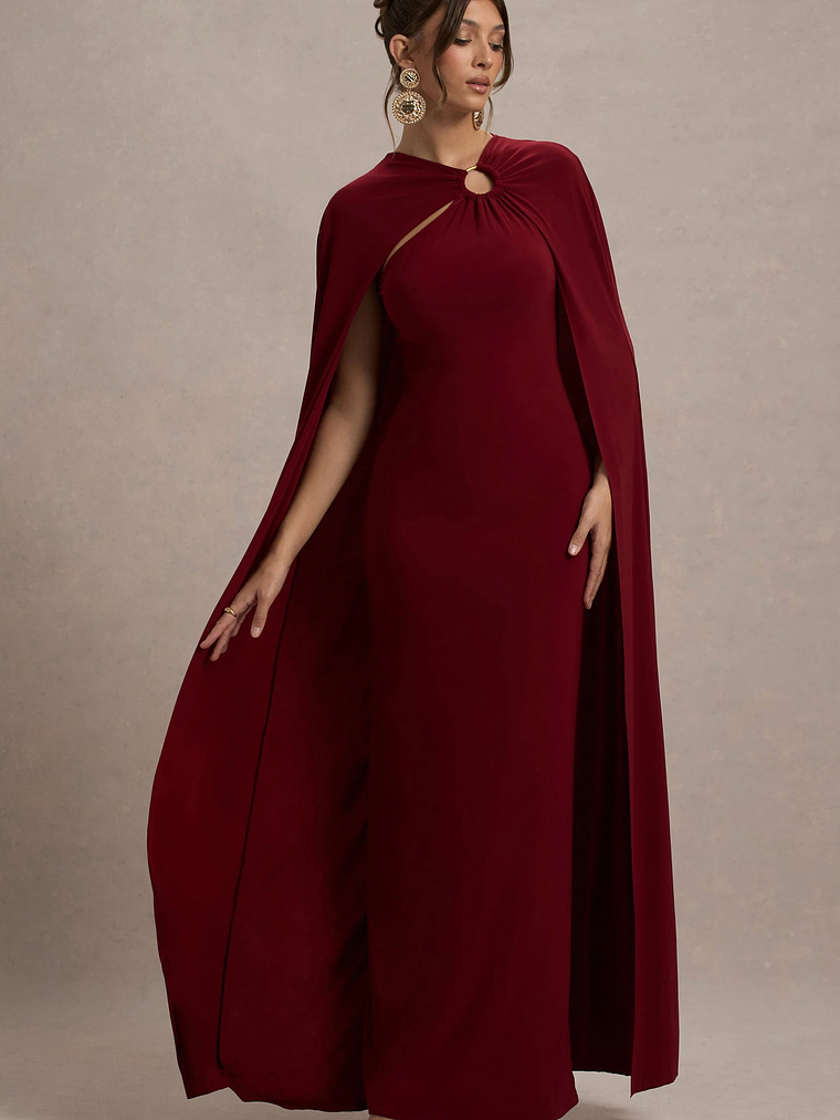 Aliza | Berry Cape Maxi Dress With Gold Ring 2