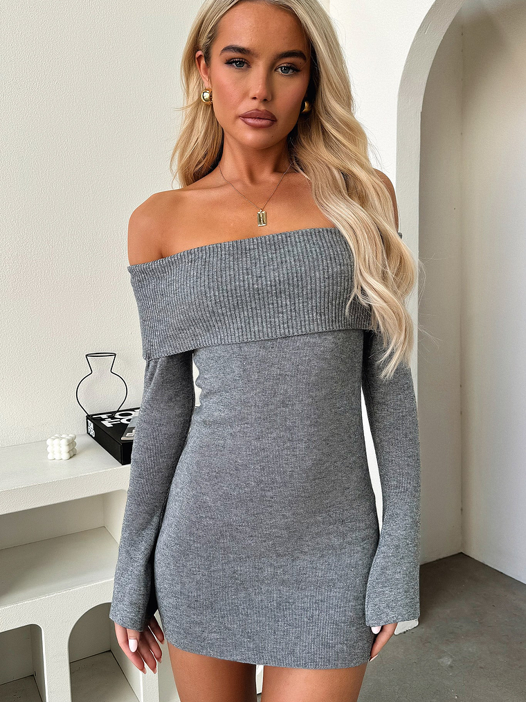 Aaliyah Off Shoulder Knit Mini Dress - Grey 5