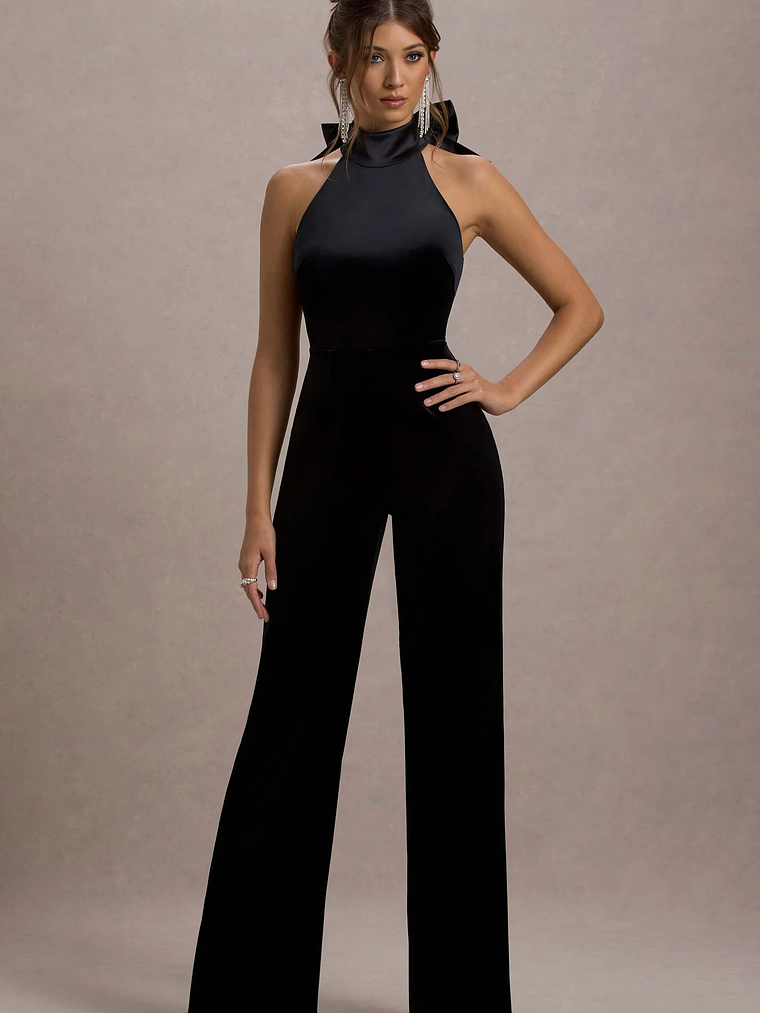Alondra | Black Velvet High-Neck Straight-Leg Jumpsuit 6