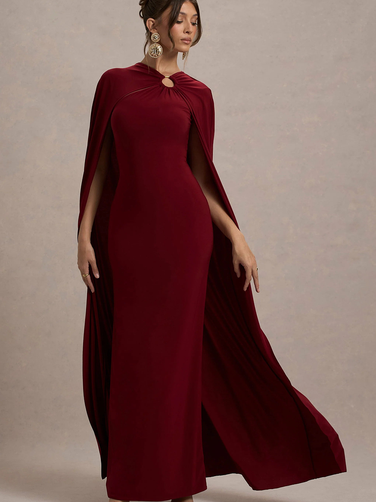 Aliza | Berry Cape Maxi Dress With Gold Ring 5