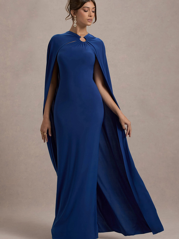 Aliza | Royal Blue Cape Maxi Dress With Gold Ring 1