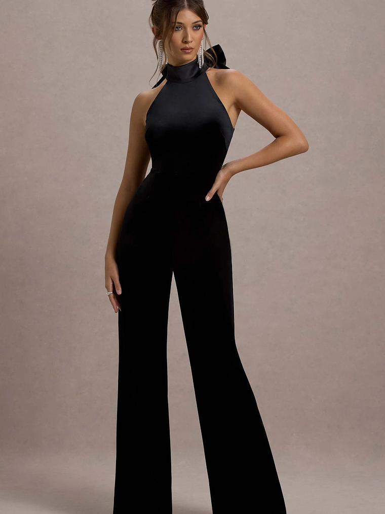 Alondra | Black Velvet High-Neck Straight-Leg Jumpsuit 11