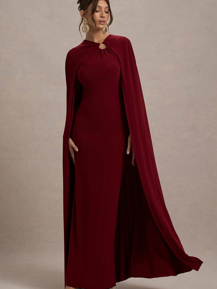 Aliza | Berry Cape Maxi Dress With Gold Ring 8