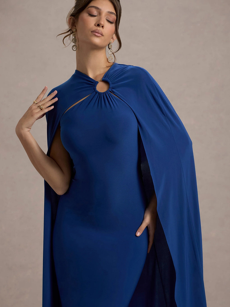 Aliza | Royal Blue Cape Maxi Dress With Gold Ring 3