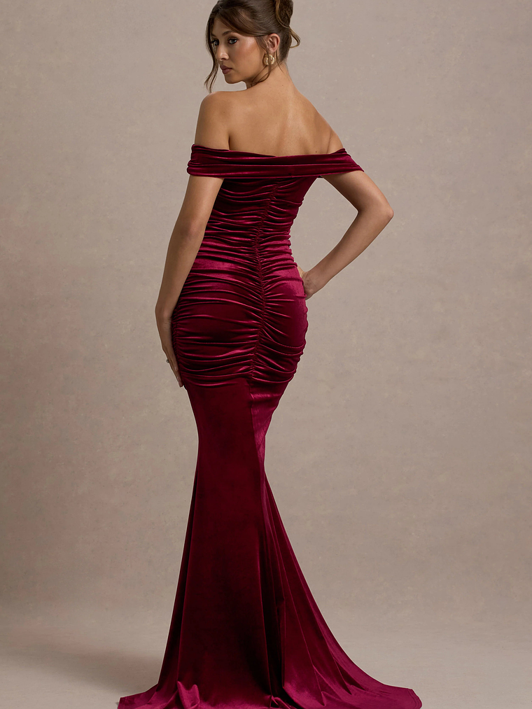 Apolline | Berry Velvet Off The Shoulder Ruched Fishtail Maxi Dress 2