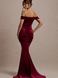 Apolline | Berry Velvet Off The Shoulder Ruched Fishtail Maxi Dress - thumbnail 2