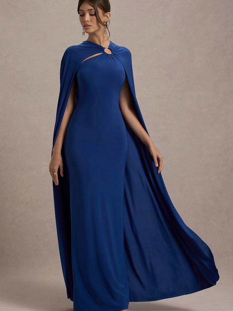 Aliza | Royal Blue Cape Maxi Dress With Gold Ring 4