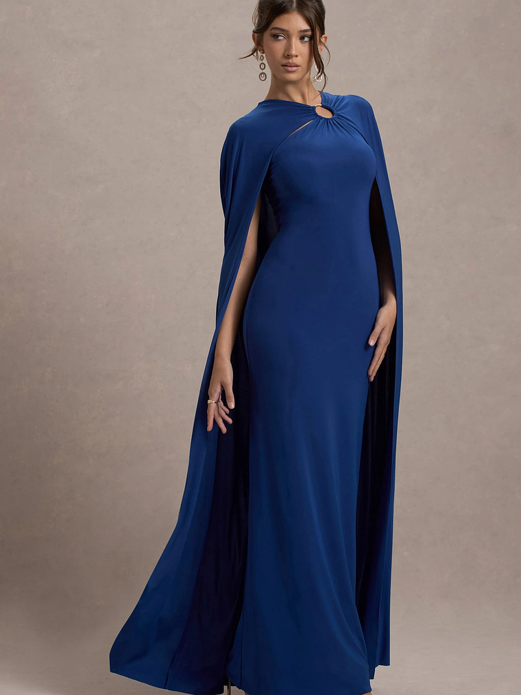 Aliza | Royal Blue Cape Maxi Dress With Gold Ring 5