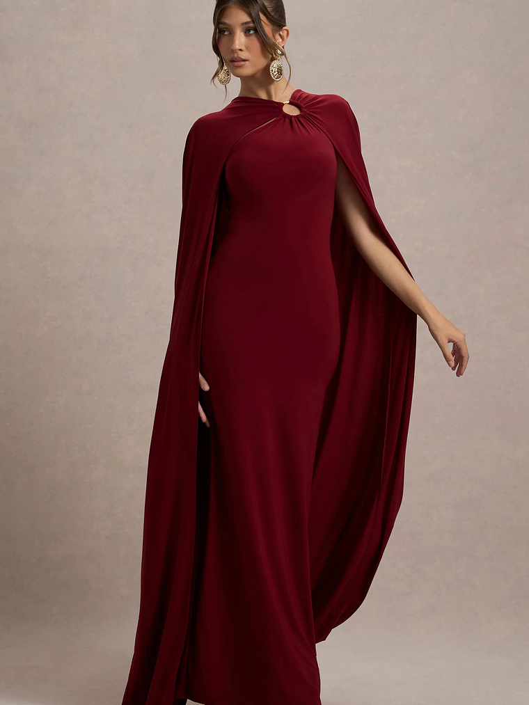 Aliza | Berry Cape Maxi Dress With Gold Ring 11