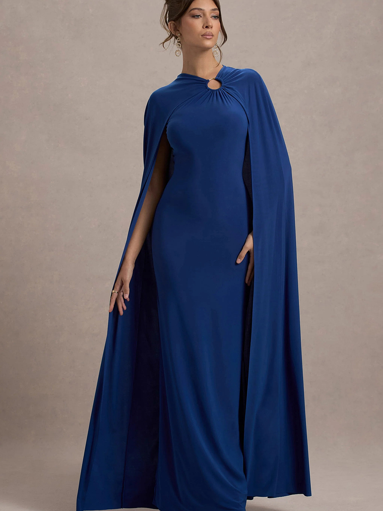 Aliza | Royal Blue Cape Maxi Dress With Gold Ring 6